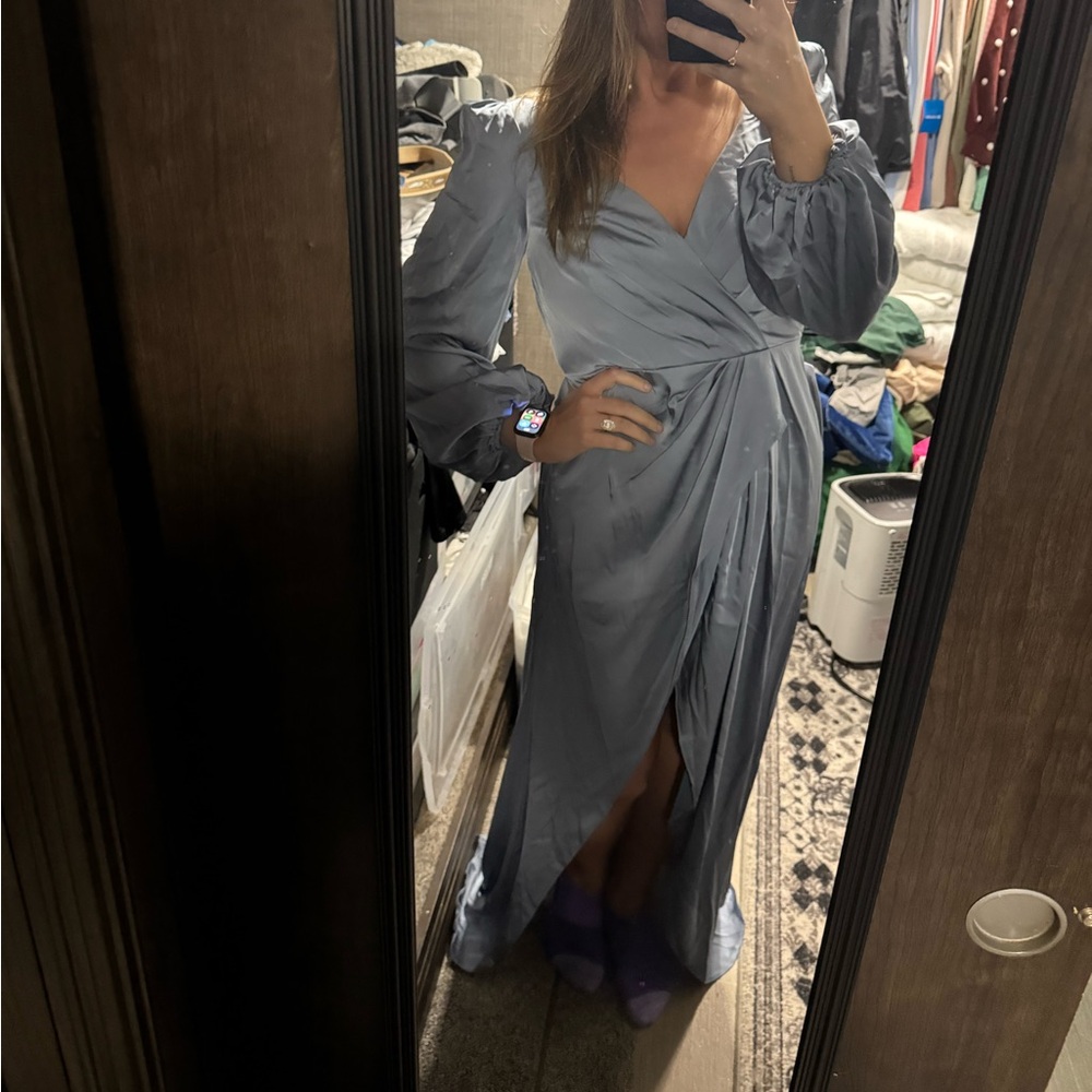Azazie Mel Stretch Satin Formal Gown Dusty Blue size 14